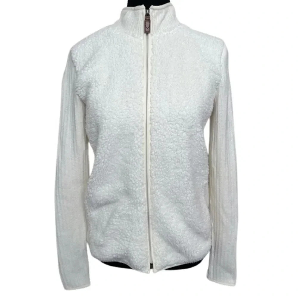 Talbots Womens Xsmall Sherpa Full Zip Ribbed Sleeves Jacket Ivory Color